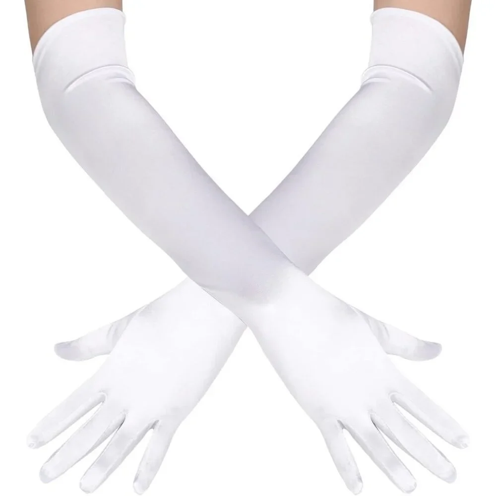 Women's White Vintage Satin Long Gloves Party Costume Stretchy Elbow Length